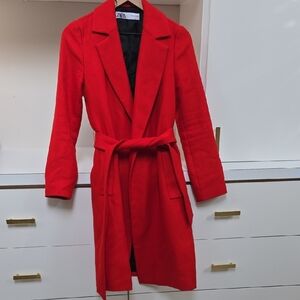 Zara Red Belted Trench Coat with Notch Lapel